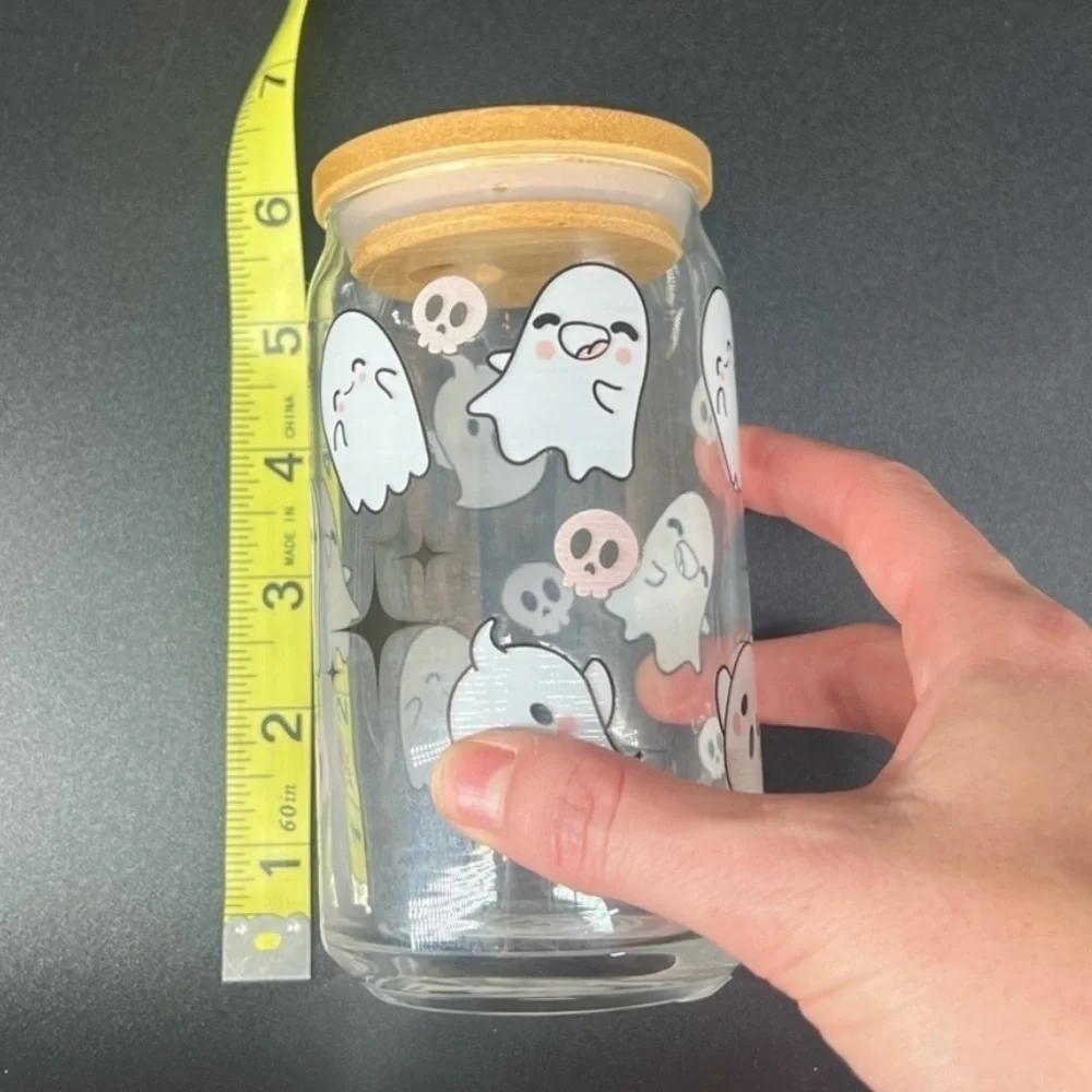 NWT Halloween themed glass tumbler cup with bamboo lid and straw 16oz unused